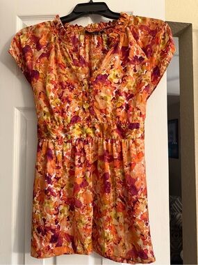 Apt. 9 Orange, Pink and Yellow Floral Ruffle V-Neck Blouse